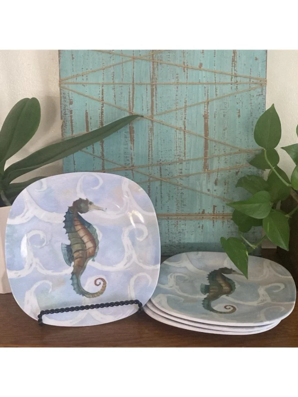 Sea Creatures On Waves by Elizabeth Medley Seahorse Beachy Melamine Salad Plates